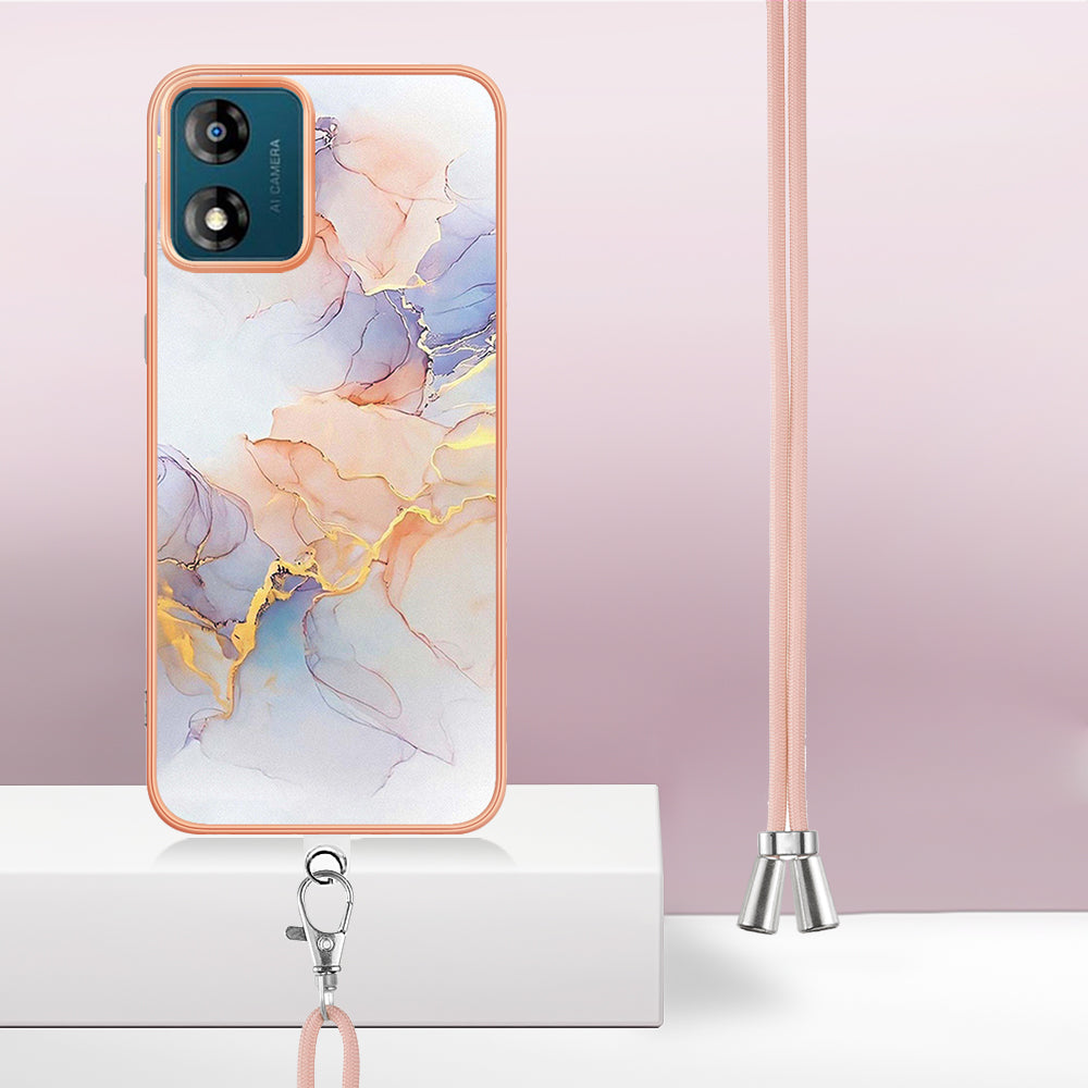 YB IMD Series-4 for Motorola Moto E13 4G Soft TPU Case Electroplating Marble Flower Pattern IMD Phone Cover with Lanyard - Milky Way Marble White