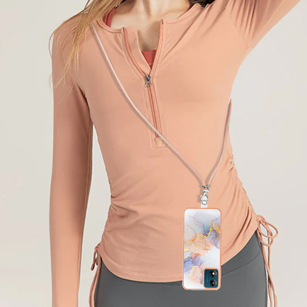 YB IMD Series-4 for Motorola Moto E13 4G Soft TPU Case Electroplating Marble Flower Pattern IMD Phone Cover with Lanyard - Milky Way Marble White