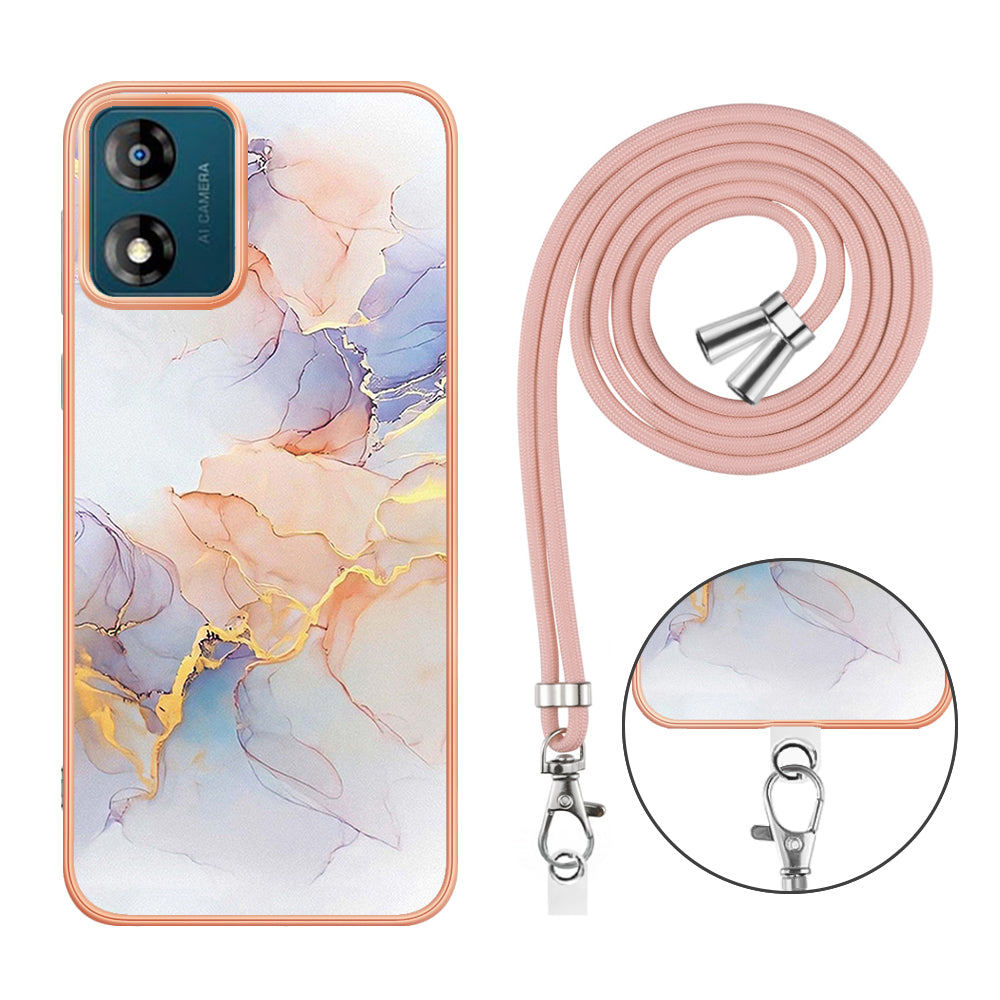 YB IMD Series-4 for Motorola Moto E13 4G Soft TPU Case Electroplating Marble Flower Pattern IMD Phone Cover with Lanyard - Milky Way Marble White