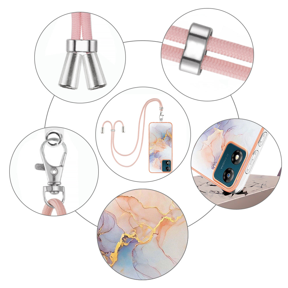 YB IMD Series-4 for Motorola Moto E13 4G Soft TPU Case Electroplating Marble Flower Pattern IMD Phone Cover with Lanyard - Milky Way Marble White