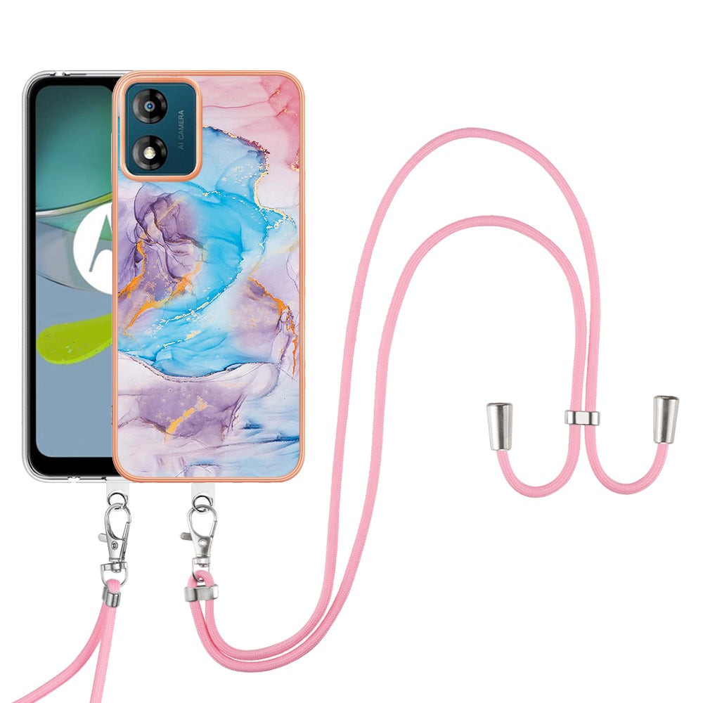 YB IMD Series-4 for Motorola Moto E13 4G Soft TPU Case Electroplating Marble Flower Pattern IMD Phone Cover with Lanyard - Milky Way Marble Blue