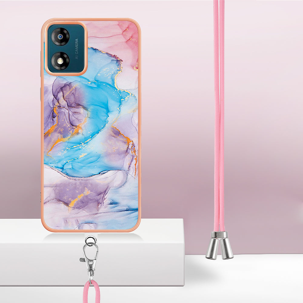 YB IMD Series-4 for Motorola Moto E13 4G Soft TPU Case Electroplating Marble Flower Pattern IMD Phone Cover with Lanyard - Milky Way Marble Blue