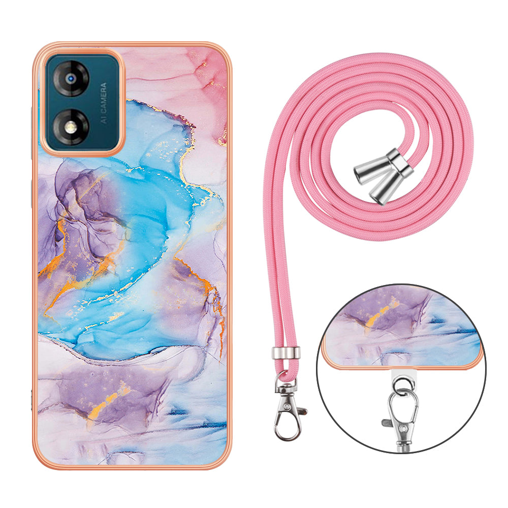 YB IMD Series-4 for Motorola Moto E13 4G Soft TPU Case Electroplating Marble Flower Pattern IMD Phone Cover with Lanyard - Milky Way Marble Blue