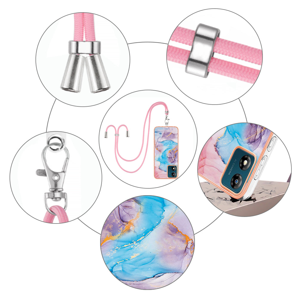 YB IMD Series-4 for Motorola Moto E13 4G Soft TPU Case Electroplating Marble Flower Pattern IMD Phone Cover with Lanyard - Milky Way Marble Blue