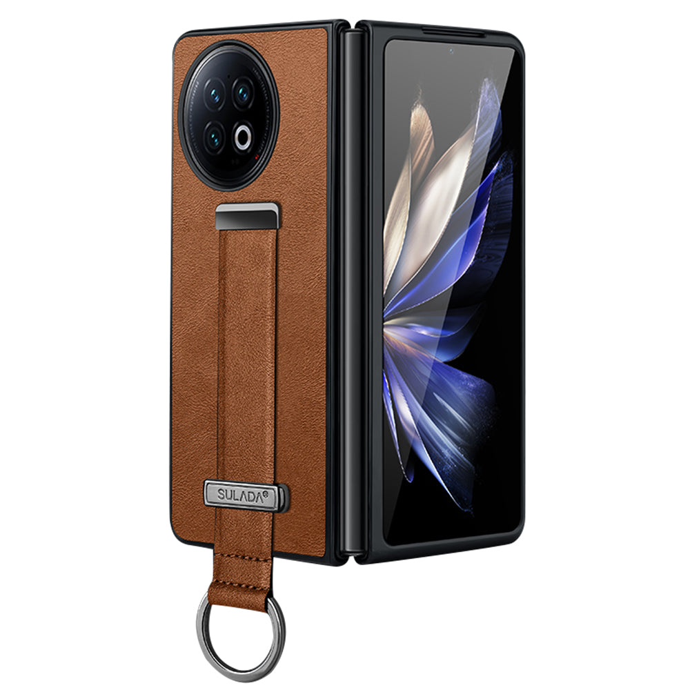 Uniqkart Fashion Series for vivo X Fold2 Leather Coated PC Cover Wristband Kickstand Folding Phone Case - Brown