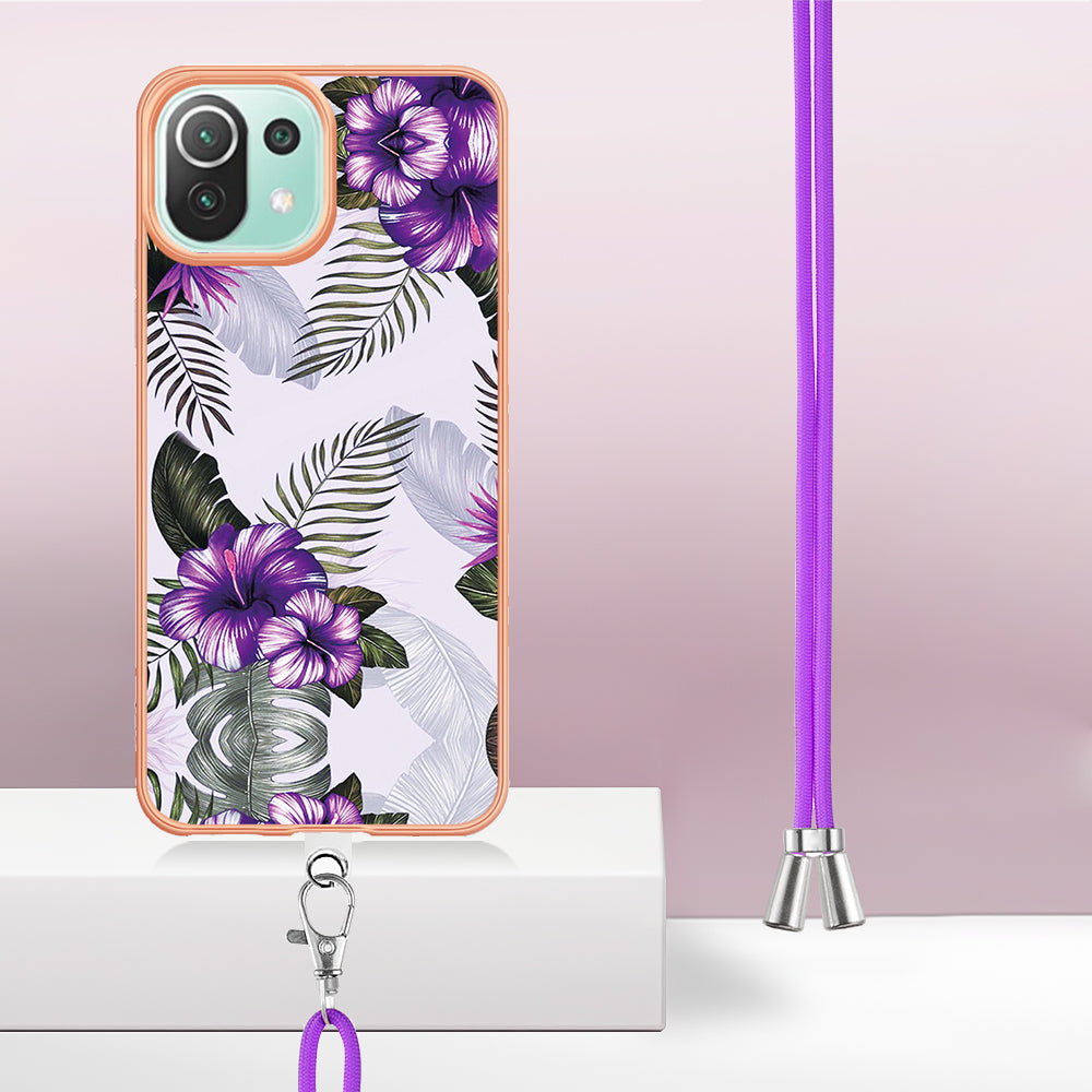 YB IMD Series-4 Electroplating Edge Phone Case for Xiaomi Mi 11 Lite 4G / 5G / 11 Lite 5G NE , Marble Flower Pattern TPU Cover with Lanyard - Purple Flowers
