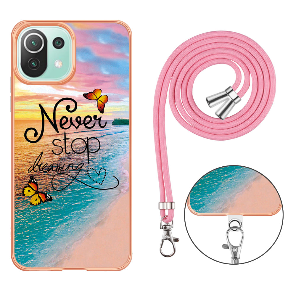 YB IMD Series-4 Electroplating Edge Phone Case for Xiaomi Mi 11 Lite 4G / 5G / 11 Lite 5G NE , Marble Flower Pattern TPU Cover with Lanyard - Never Stop Dreaming