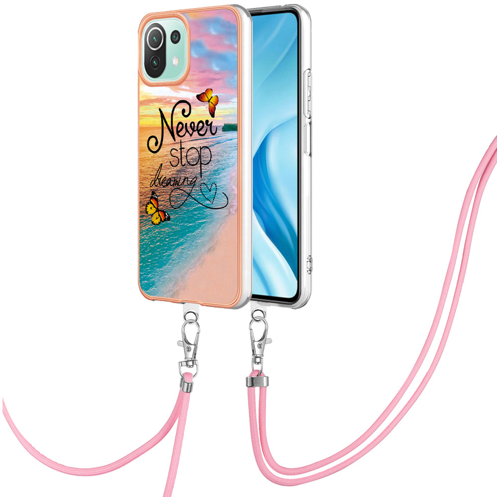 YB IMD Series-4 Electroplating Edge Phone Case for Xiaomi Mi 11 Lite 4G / 5G / 11 Lite 5G NE , Marble Flower Pattern TPU Cover with Lanyard - Never Stop Dreaming