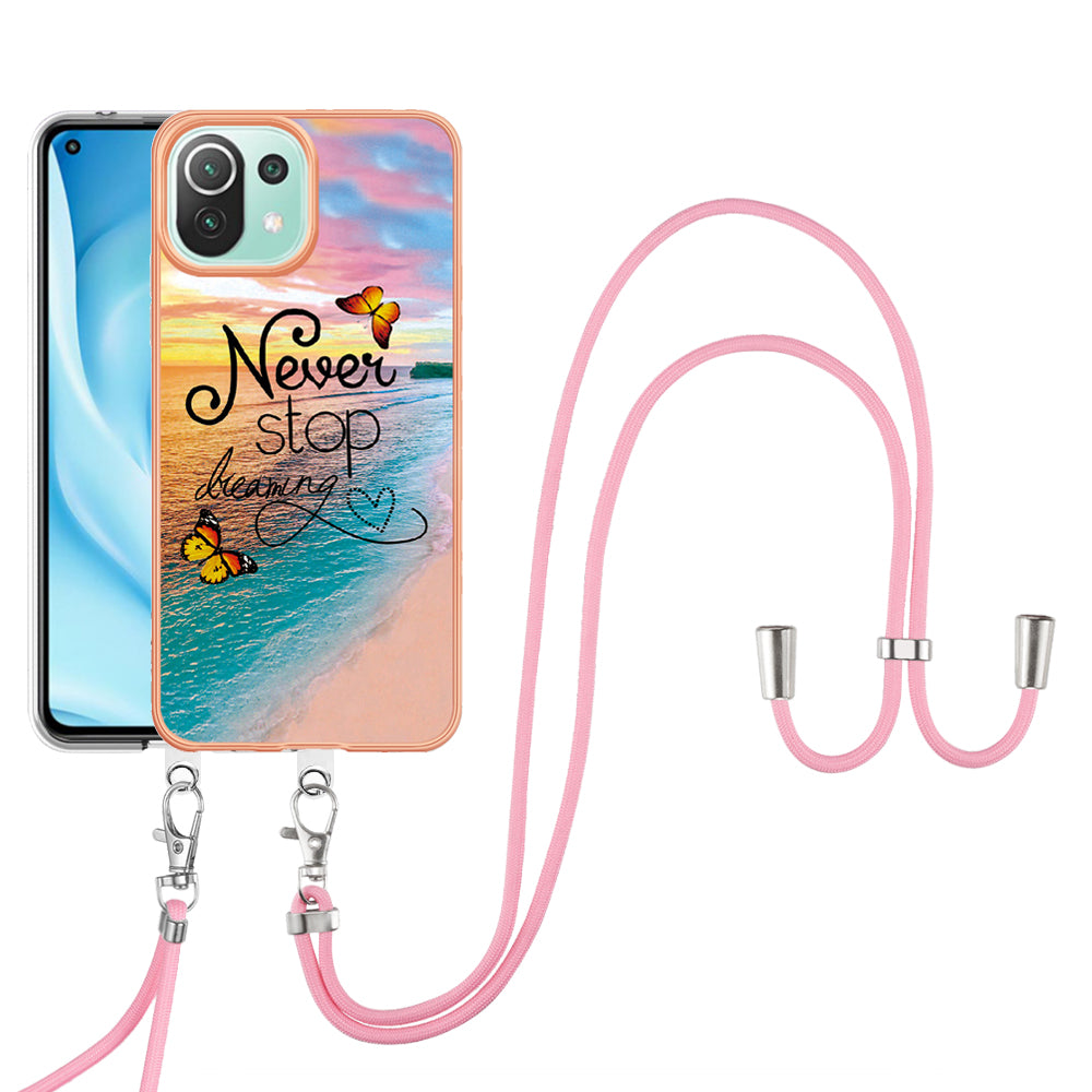 YB IMD Series-4 Electroplating Edge Phone Case for Xiaomi Mi 11 Lite 4G / 5G / 11 Lite 5G NE , Marble Flower Pattern TPU Cover with Lanyard - Never Stop Dreaming