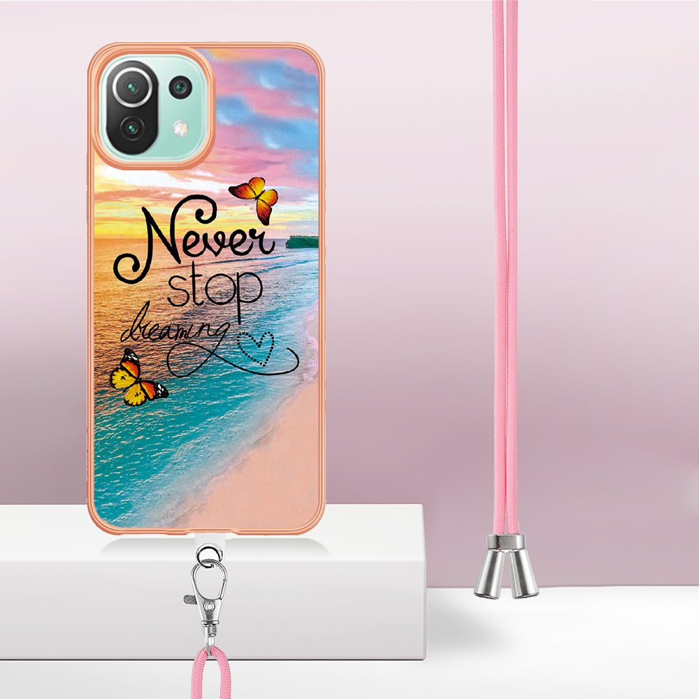 YB IMD Series-4 Electroplating Edge Phone Case for Xiaomi Mi 11 Lite 4G / 5G / 11 Lite 5G NE , Marble Flower Pattern TPU Cover with Lanyard - Never Stop Dreaming