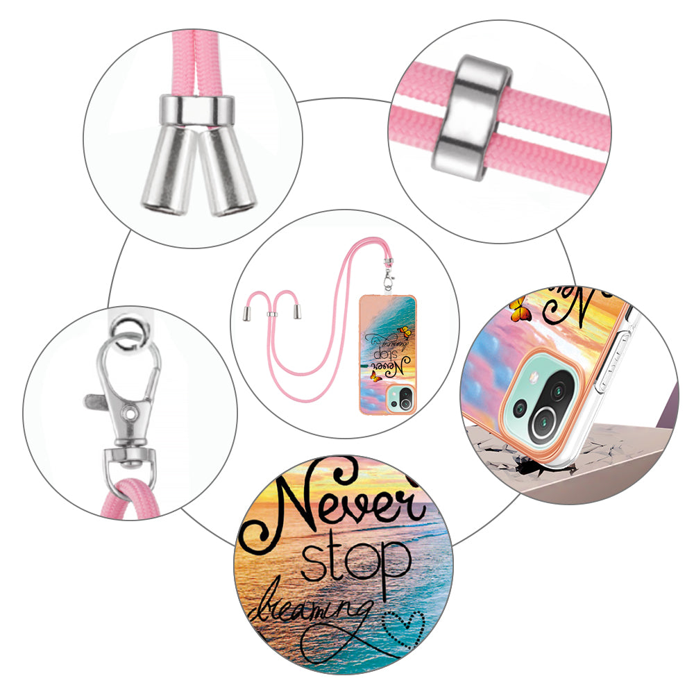 YB IMD Series-4 Electroplating Edge Phone Case for Xiaomi Mi 11 Lite 4G / 5G / 11 Lite 5G NE , Marble Flower Pattern TPU Cover with Lanyard - Never Stop Dreaming