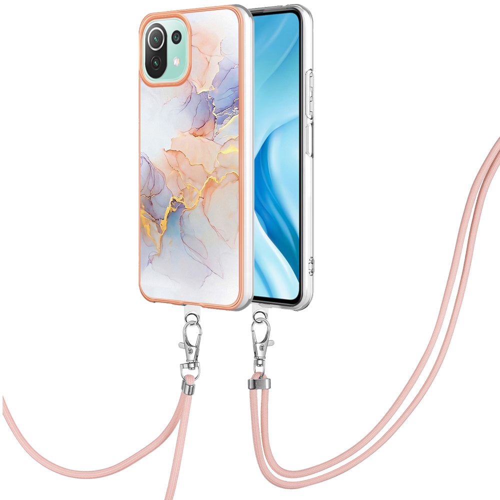 YB IMD Series-4 Electroplating Edge Phone Case for Xiaomi Mi 11 Lite 4G / 5G / 11 Lite 5G NE , Marble Flower Pattern TPU Cover with Lanyard - Milky Way Marble White