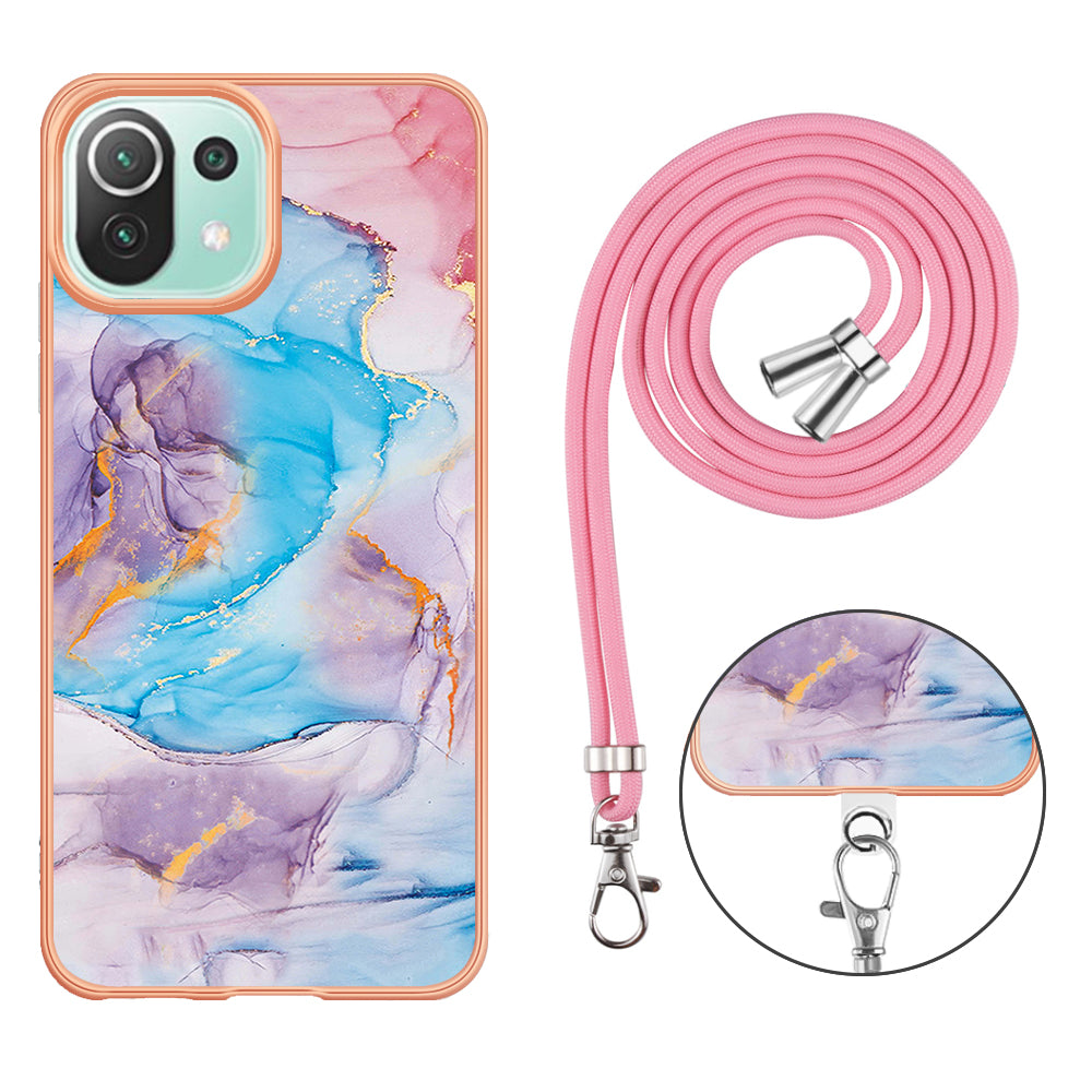 YB IMD Series-4 Electroplating Edge Phone Case for Xiaomi Mi 11 Lite 4G / 5G / 11 Lite 5G NE , Marble Flower Pattern TPU Cover with Lanyard - Milky Way Marble Blue