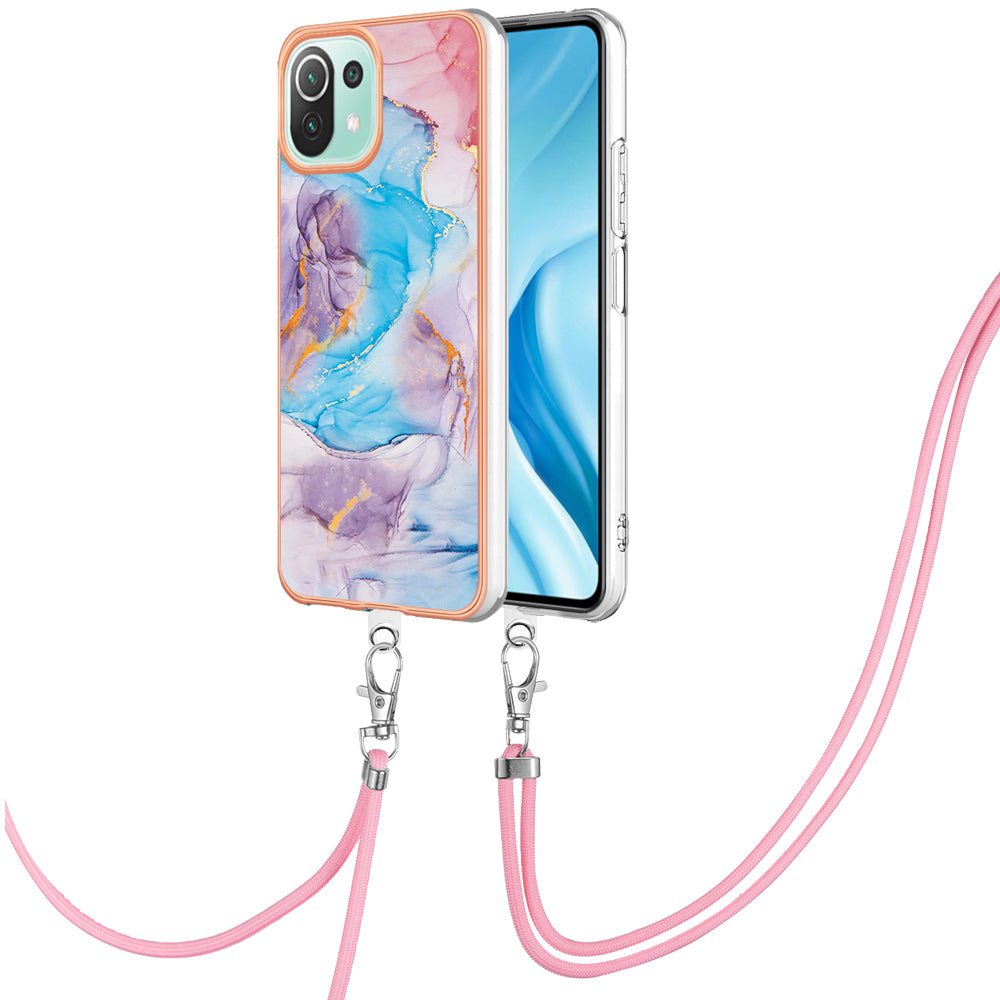 YB IMD Series-4 Electroplating Edge Phone Case for Xiaomi Mi 11 Lite 4G / 5G / 11 Lite 5G NE , Marble Flower Pattern TPU Cover with Lanyard - Milky Way Marble Blue