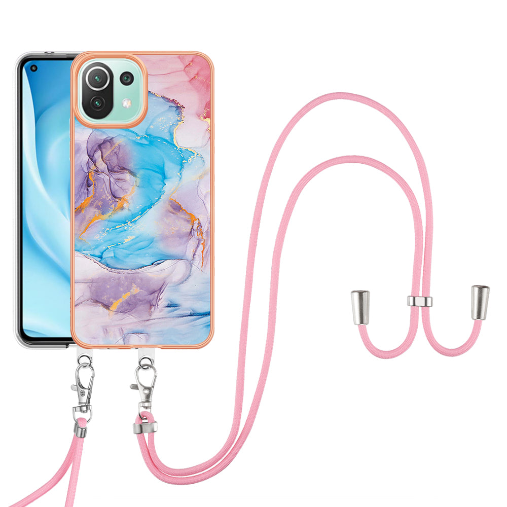 YB IMD Series-4 Electroplating Edge Phone Case for Xiaomi Mi 11 Lite 4G / 5G / 11 Lite 5G NE , Marble Flower Pattern TPU Cover with Lanyard - Milky Way Marble Blue