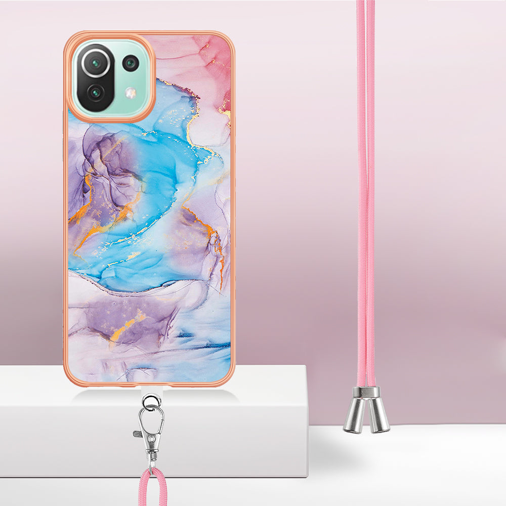 YB IMD Series-4 Electroplating Edge Phone Case for Xiaomi Mi 11 Lite 4G / 5G / 11 Lite 5G NE , Marble Flower Pattern TPU Cover with Lanyard - Milky Way Marble Blue