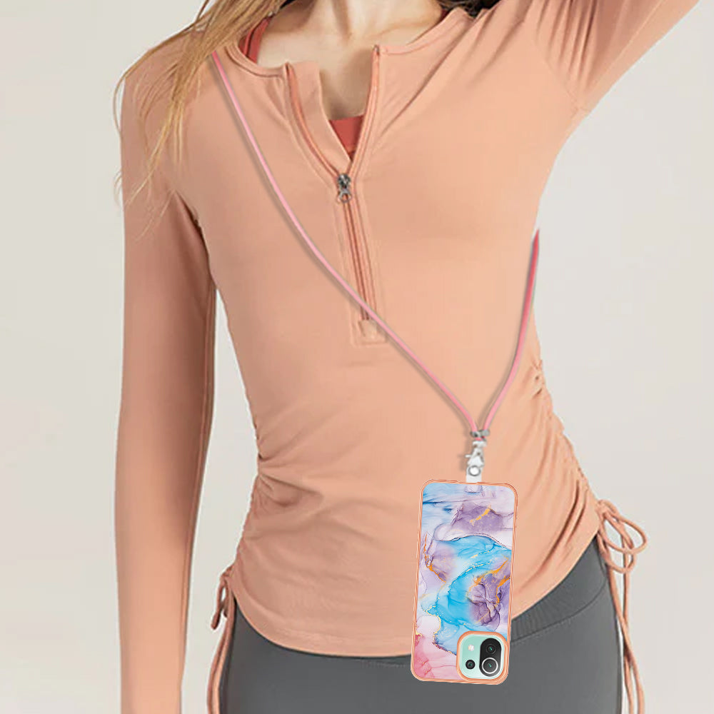 YB IMD Series-4 Electroplating Edge Phone Case for Xiaomi Mi 11 Lite 4G / 5G / 11 Lite 5G NE , Marble Flower Pattern TPU Cover with Lanyard - Milky Way Marble Blue