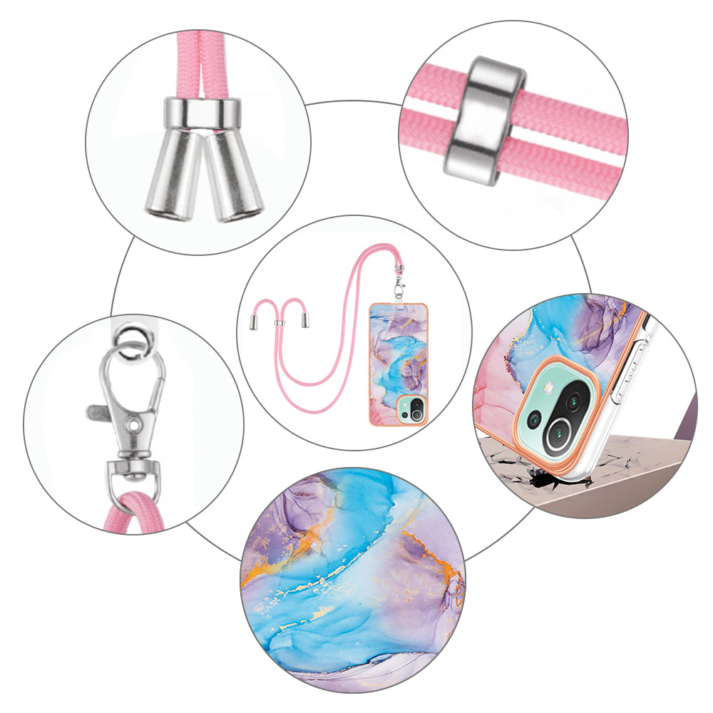 YB IMD Series-4 Electroplating Edge Phone Case for Xiaomi Mi 11 Lite 4G / 5G / 11 Lite 5G NE , Marble Flower Pattern TPU Cover with Lanyard - Milky Way Marble Blue