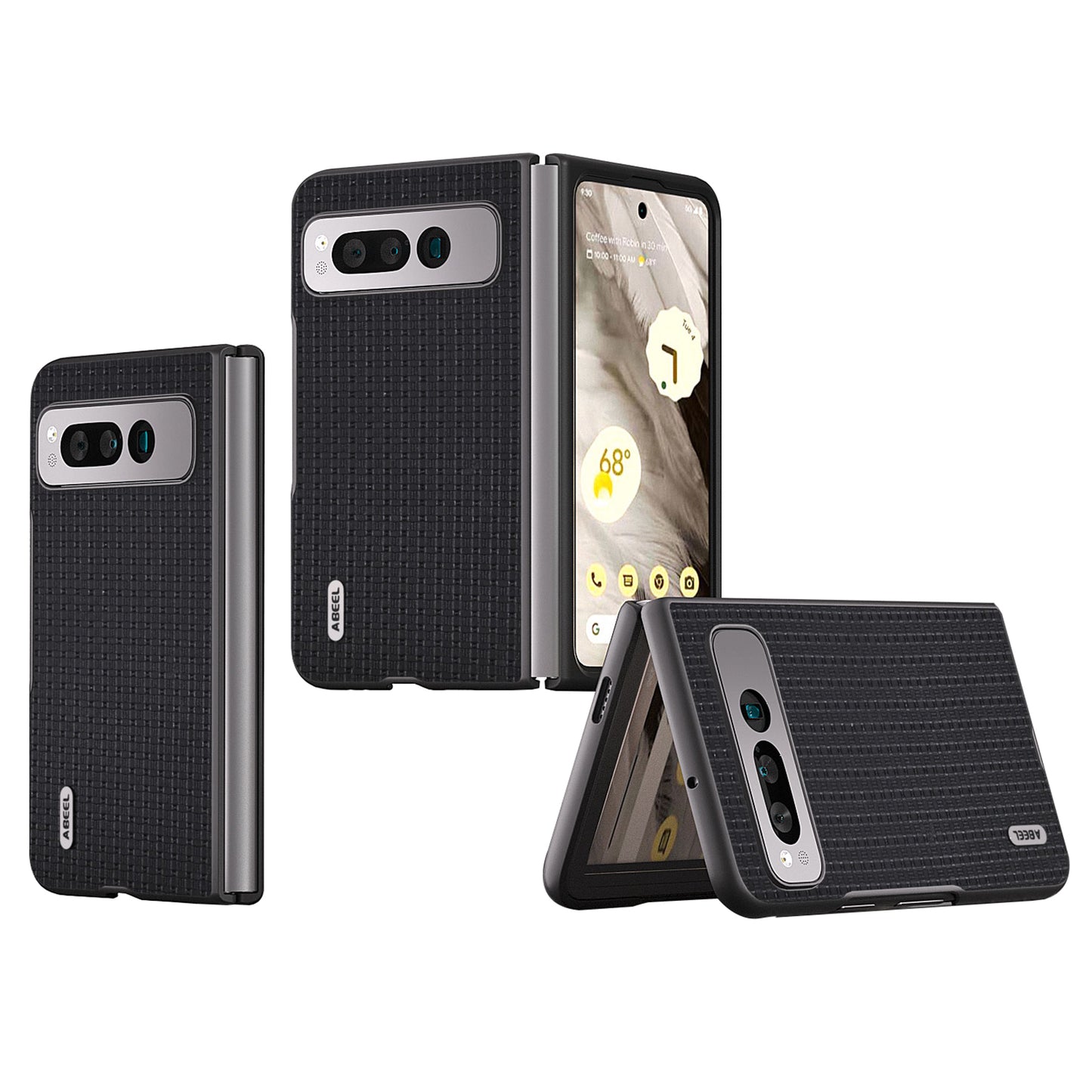 Uniqkart For Google Pixel Fold Cowhide Leather Coated PC Phone Case Folding Phone Cover - Black