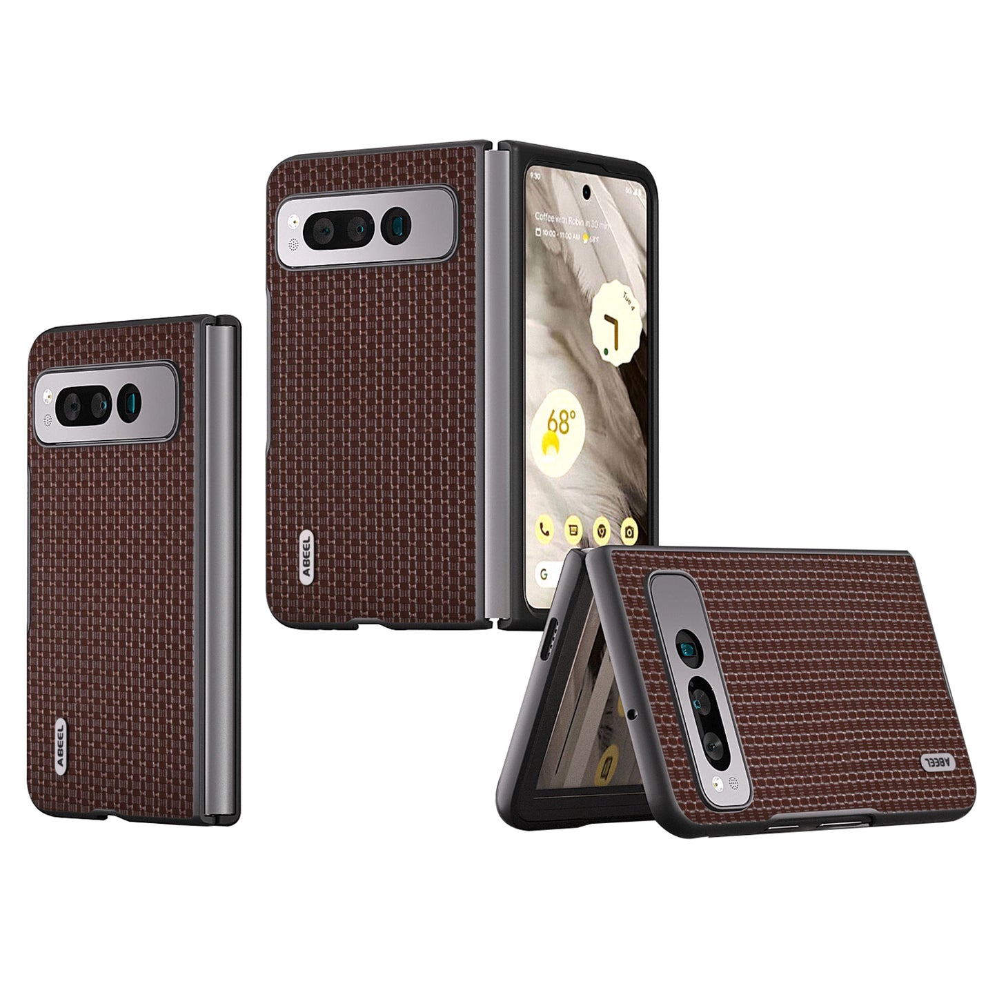 Uniqkart For Google Pixel Fold Cowhide Leather Coated PC Phone Case Folding Phone Cover - Coffee