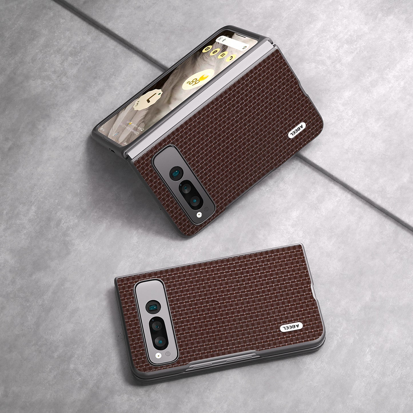 Uniqkart For Google Pixel Fold Cowhide Leather Coated PC Phone Case Folding Phone Cover - Coffee