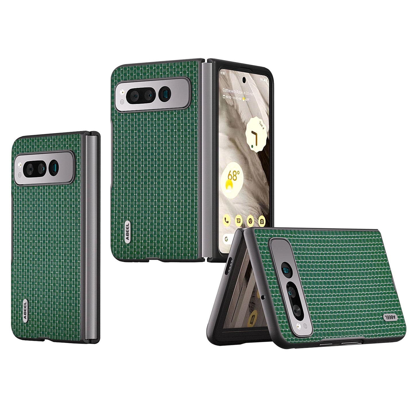 Uniqkart For Google Pixel Fold Cowhide Leather Coated PC Phone Case Folding Phone Cover - Green