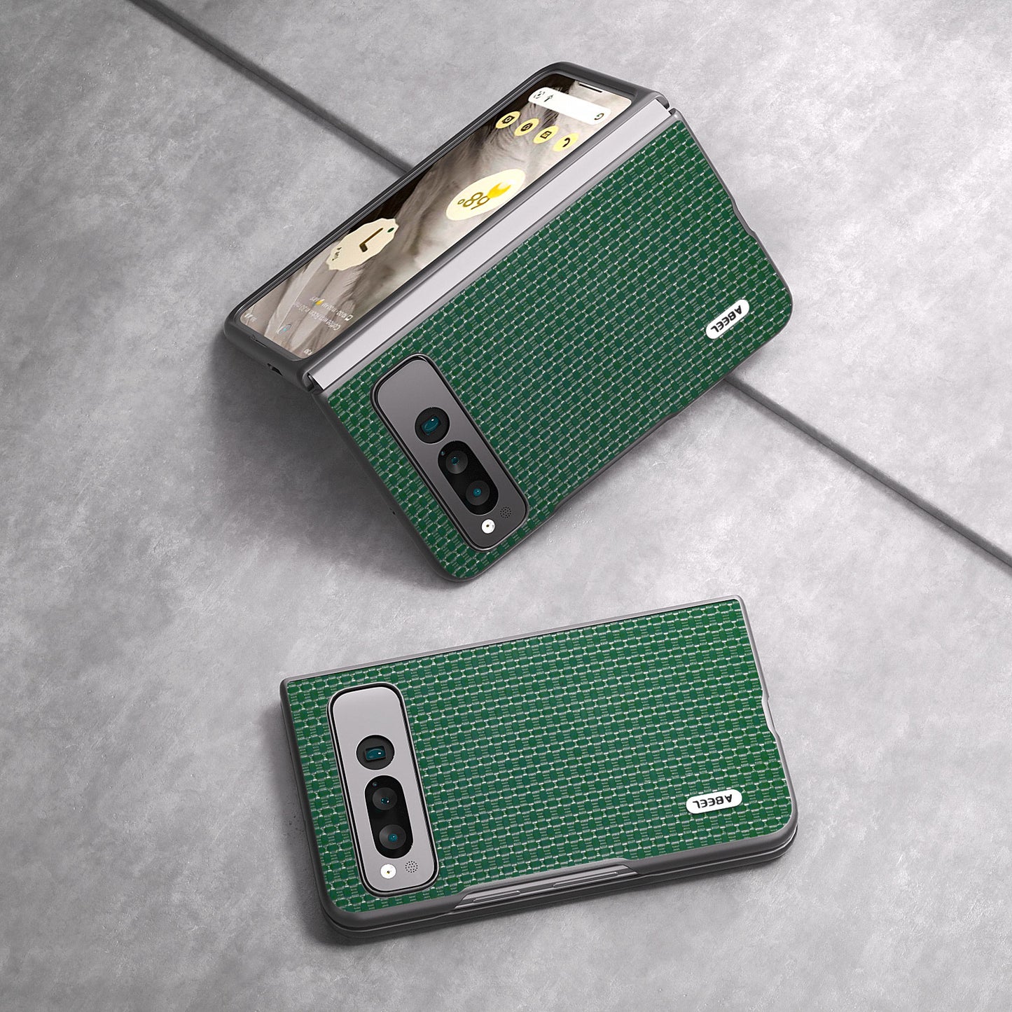 Uniqkart For Google Pixel Fold Cowhide Leather Coated PC Phone Case Folding Phone Cover - Green