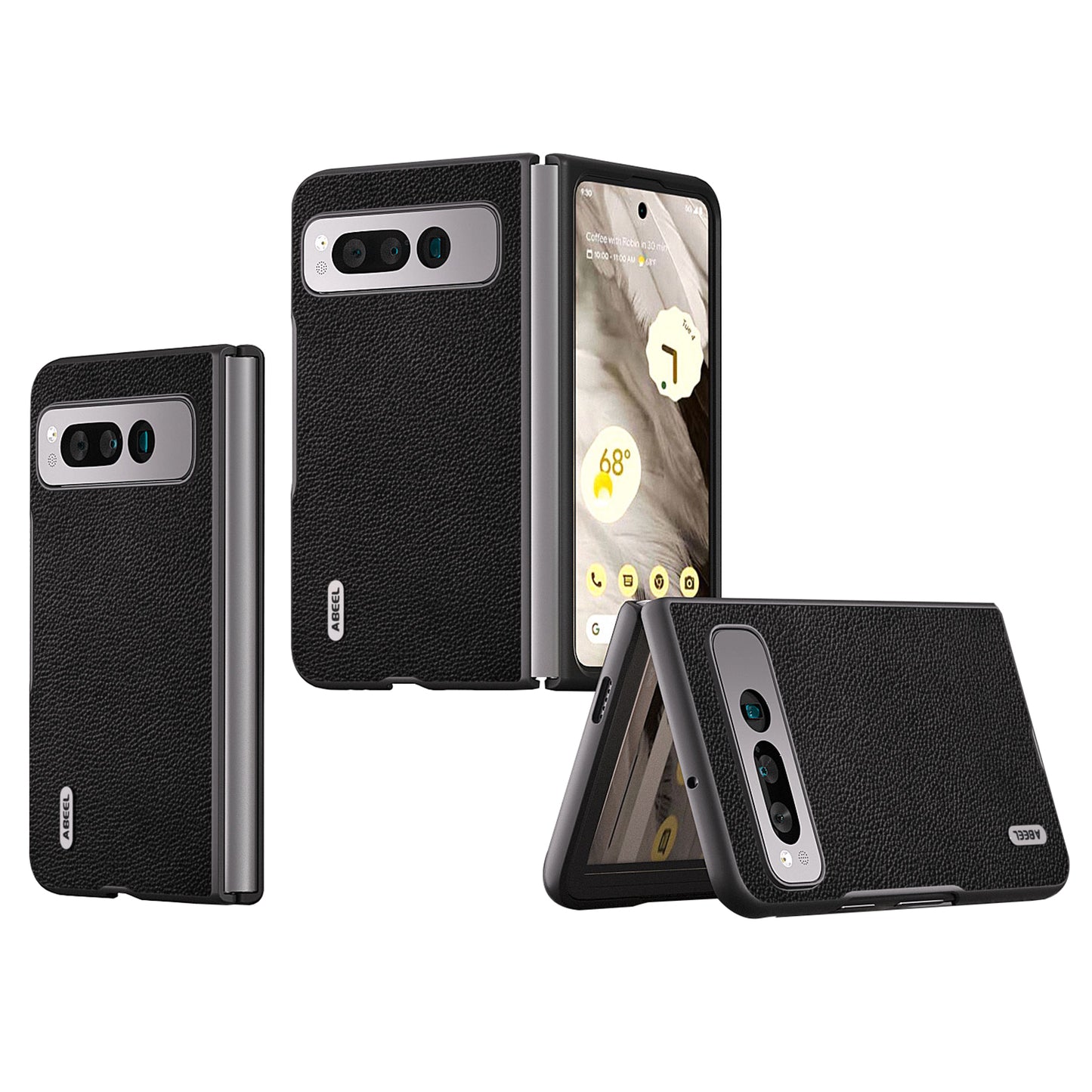 Uniqkart For Google Pixel Fold Litchi Texture Phone Case Cowhide Leather Coated PC Folding Phone Cover - Black