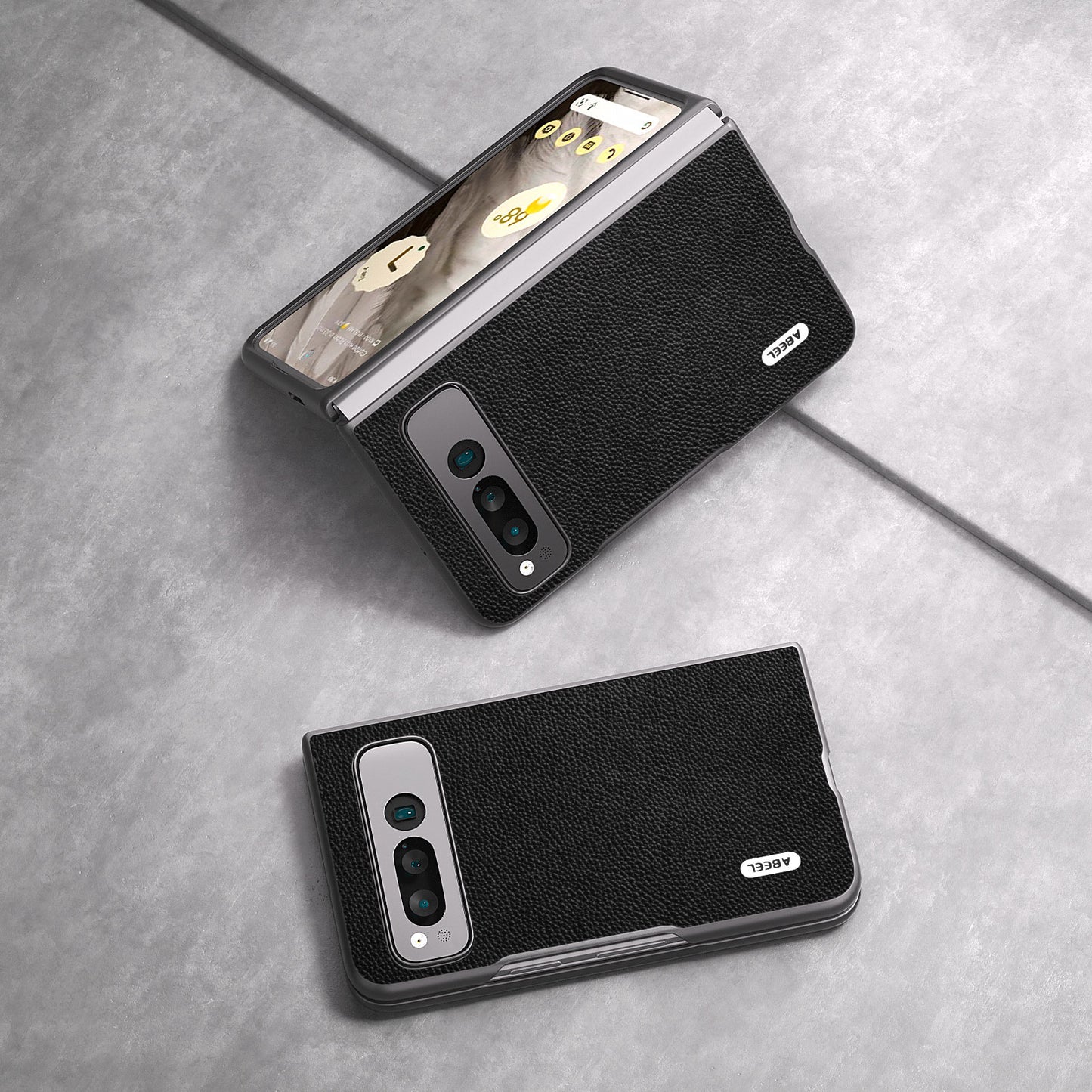 Uniqkart For Google Pixel Fold Litchi Texture Phone Case Cowhide Leather Coated PC Folding Phone Cover - Black