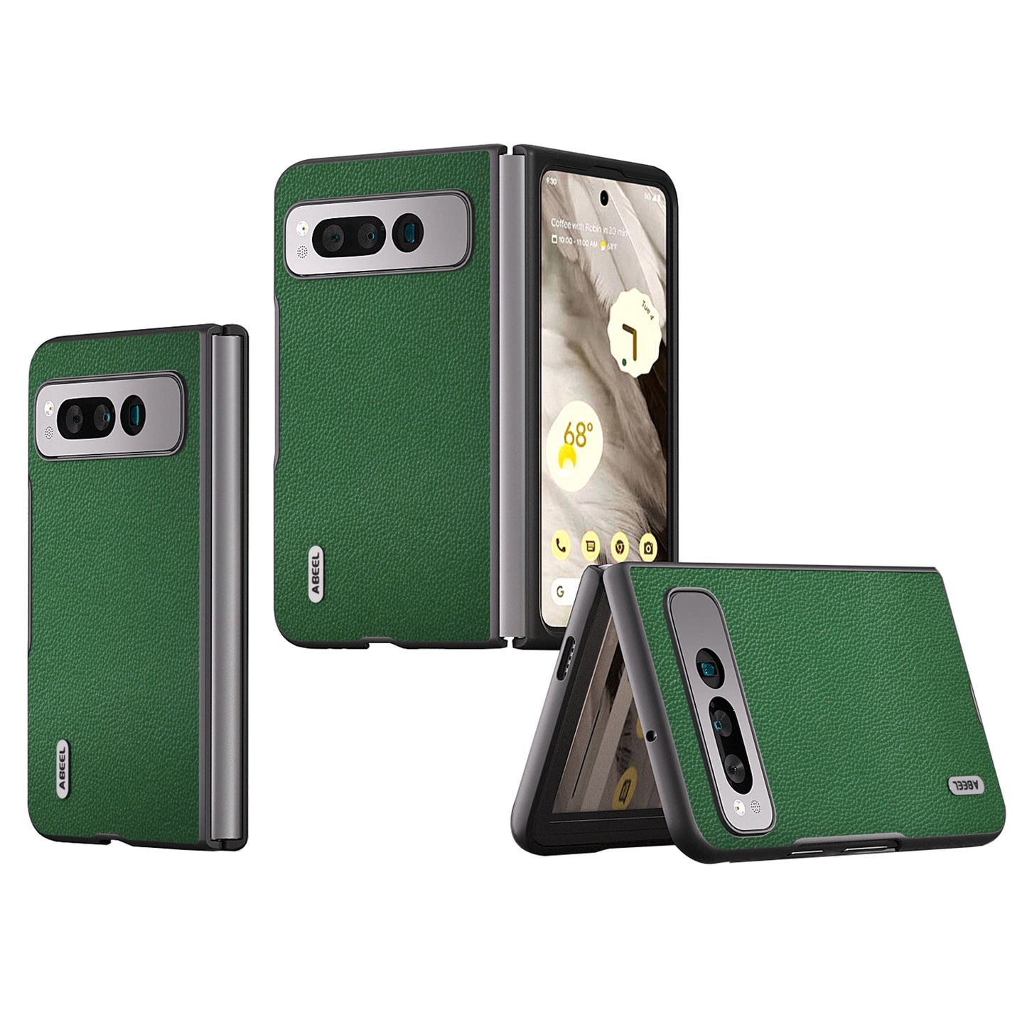 Uniqkart For Google Pixel Fold Litchi Texture Phone Case Cowhide Leather Coated PC Folding Phone Cover - Green