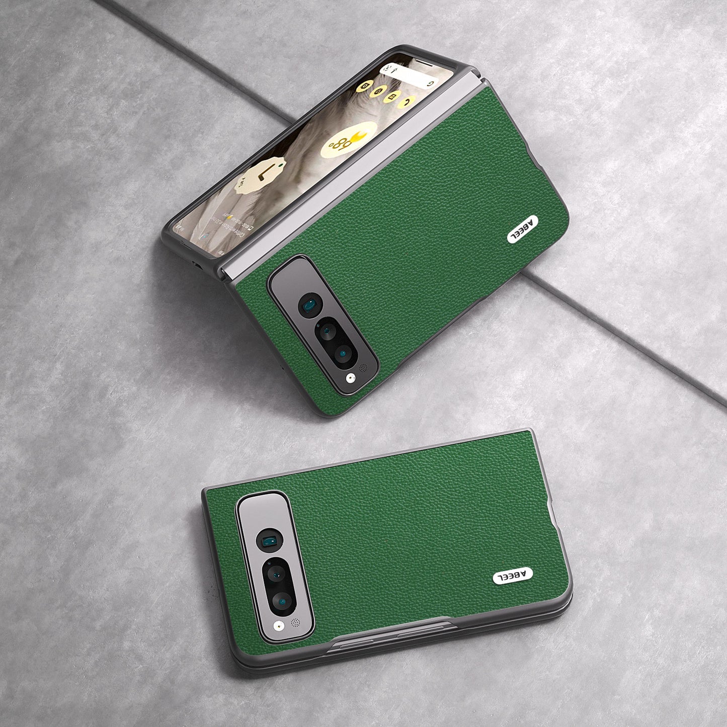 Uniqkart For Google Pixel Fold Litchi Texture Phone Case Cowhide Leather Coated PC Folding Phone Cover - Green