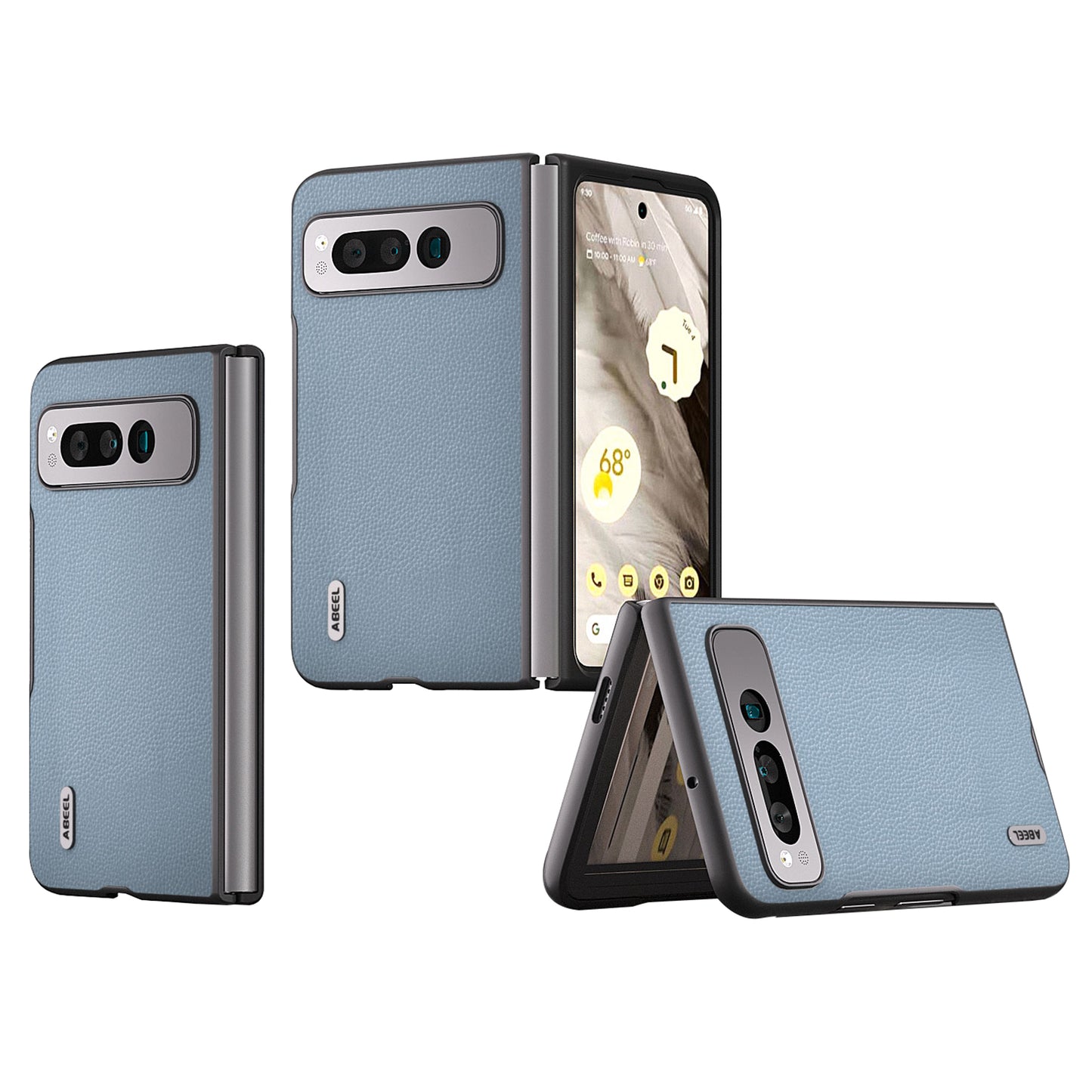 Uniqkart For Google Pixel Fold Litchi Texture Phone Case Cowhide Leather Coated PC Folding Phone Cover - Baby Blue