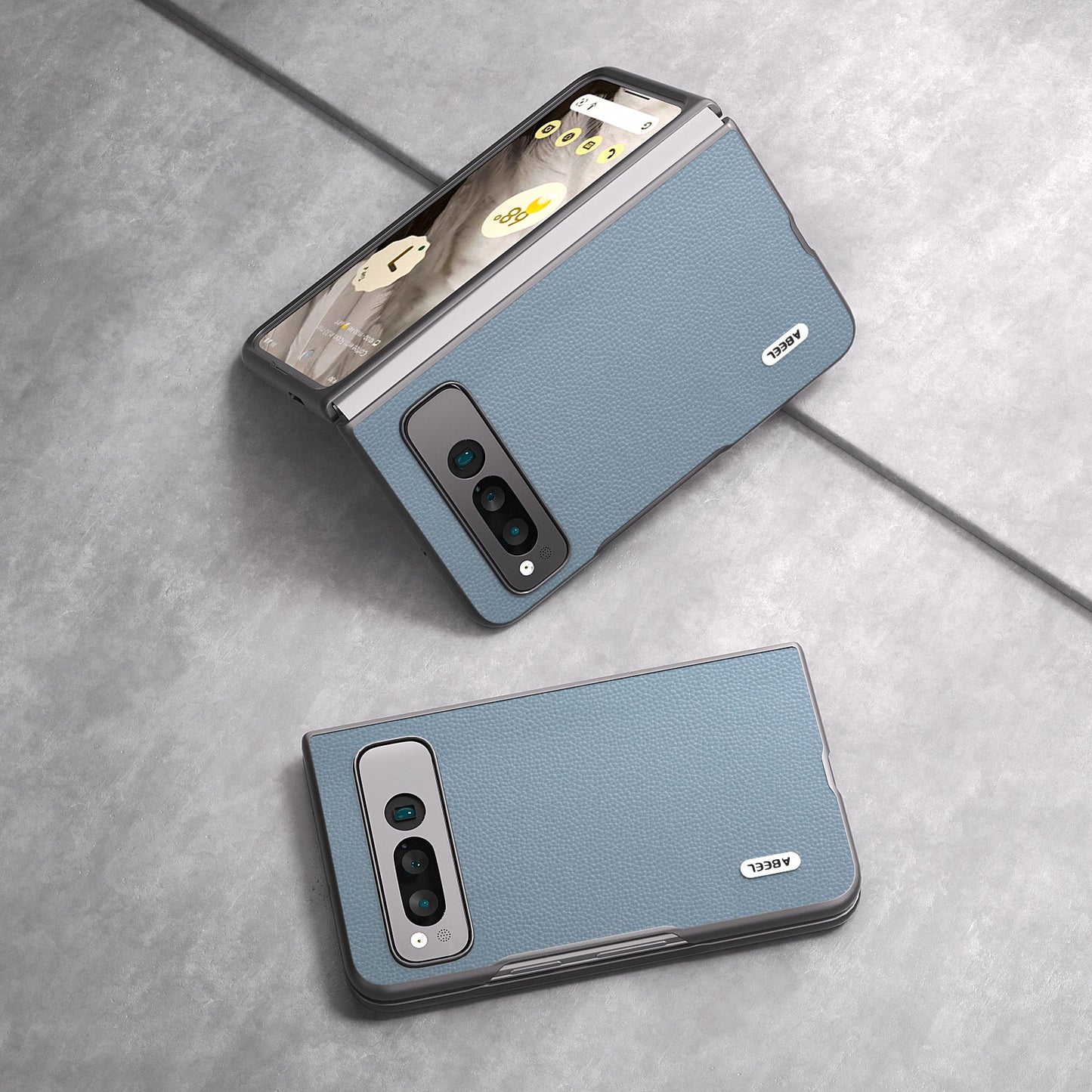 Uniqkart For Google Pixel Fold Litchi Texture Phone Case Cowhide Leather Coated PC Folding Phone Cover - Baby Blue