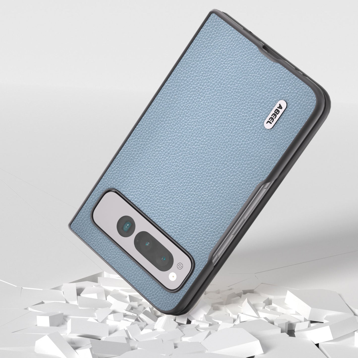 Uniqkart For Google Pixel Fold Litchi Texture Phone Case Cowhide Leather Coated PC Folding Phone Cover - Baby Blue