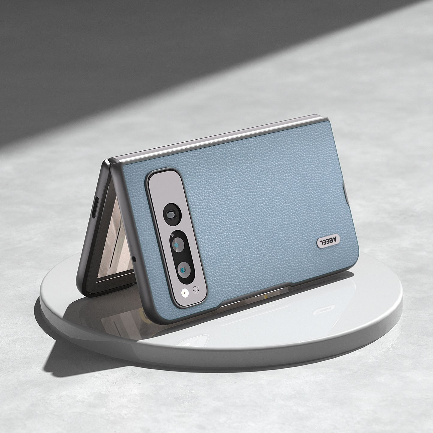 Uniqkart For Google Pixel Fold Litchi Texture Phone Case Cowhide Leather Coated PC Folding Phone Cover - Baby Blue