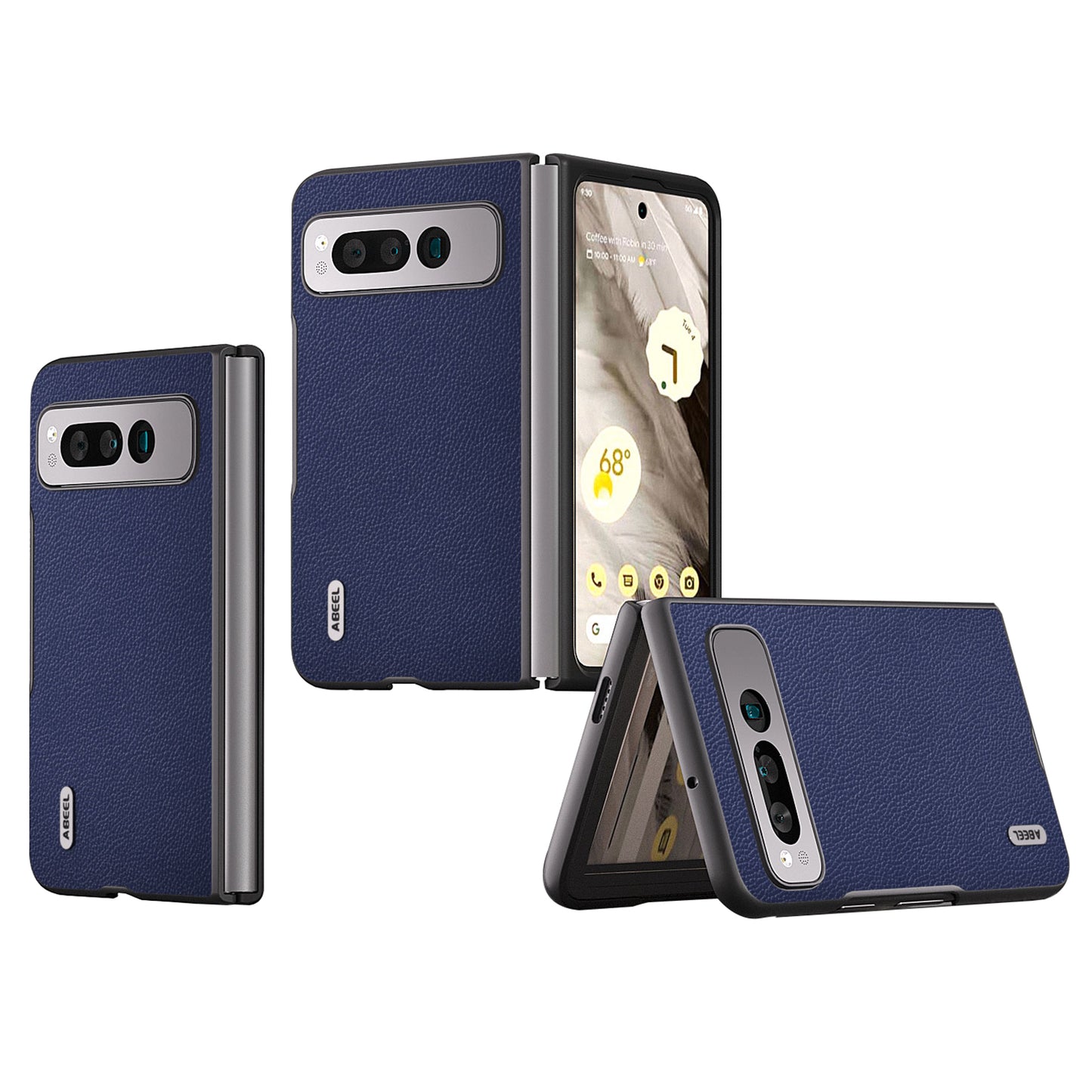 Uniqkart For Google Pixel Fold Litchi Texture Phone Case Cowhide Leather Coated PC Folding Phone Cover - Blue