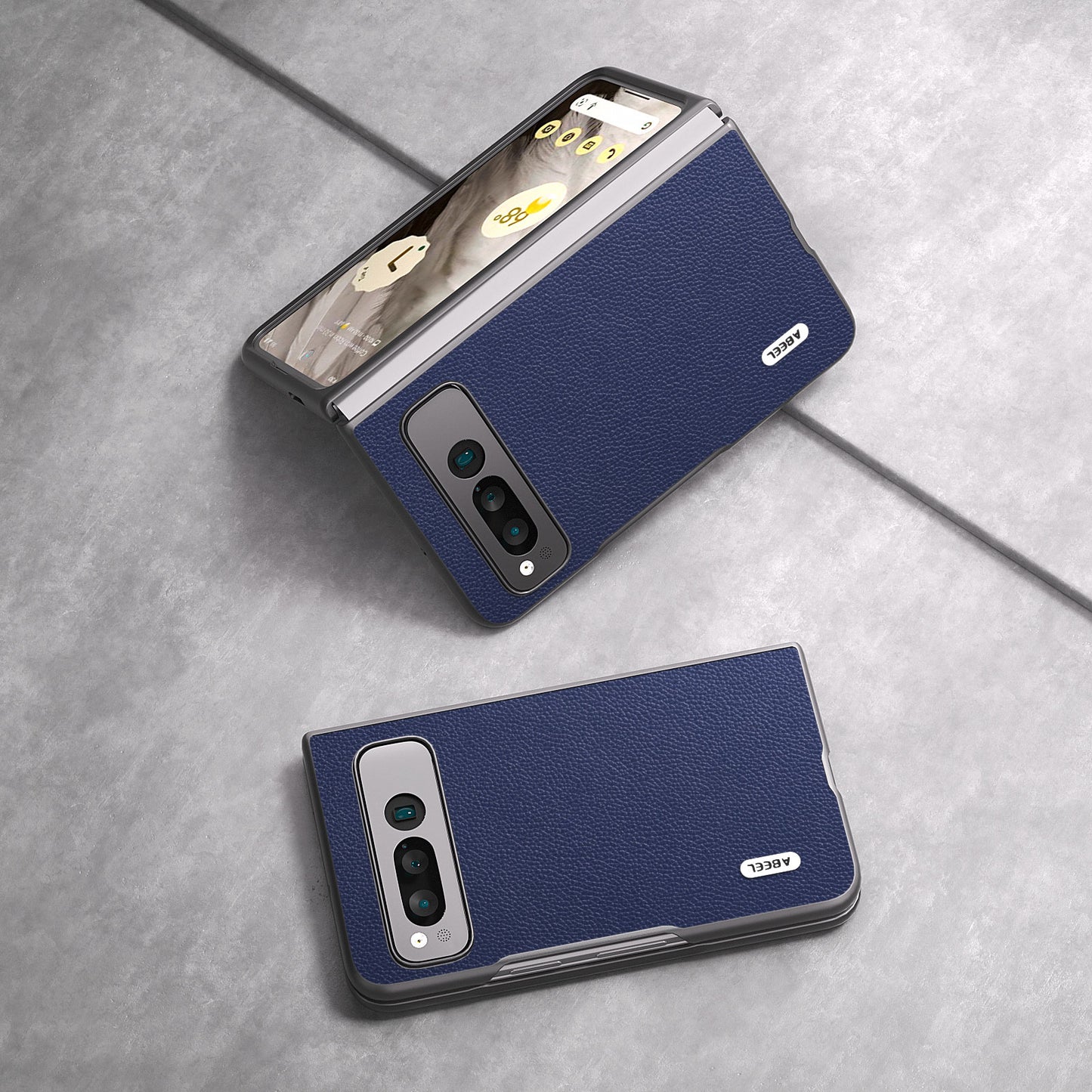 Uniqkart For Google Pixel Fold Litchi Texture Phone Case Cowhide Leather Coated PC Folding Phone Cover - Blue