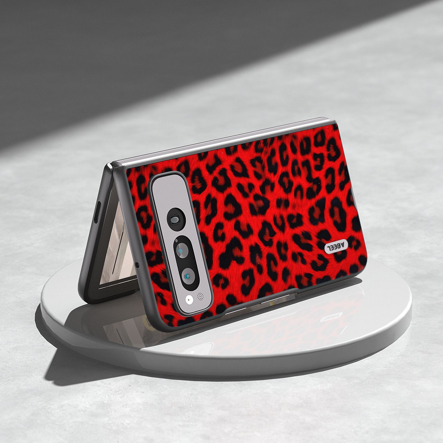 Uniqkart for Google Pixel Fold Anti-Scratch Cover Leopard Pattern PU Leather+PC Phone Case - Red