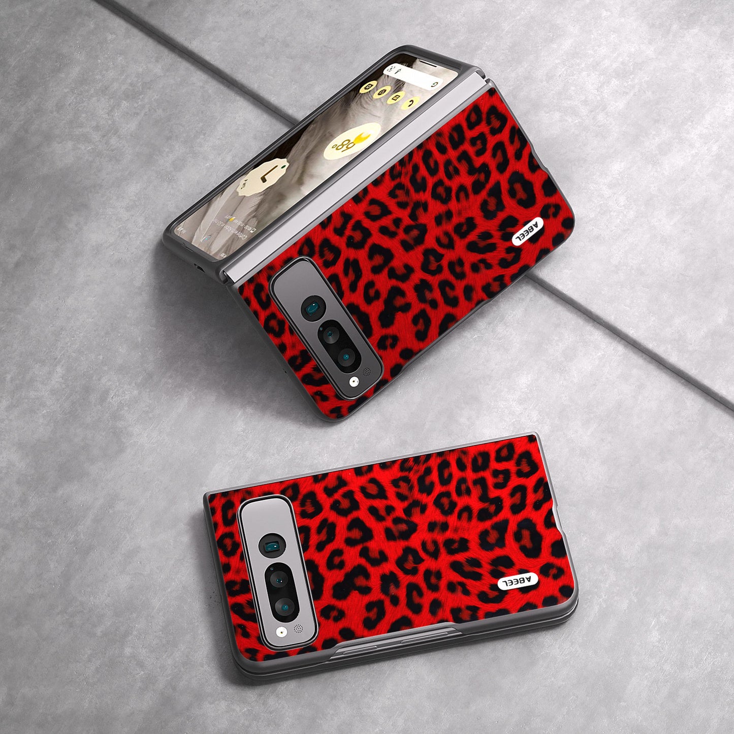 Uniqkart for Google Pixel Fold Anti-Scratch Cover Leopard Pattern PU Leather+PC Phone Case - Red