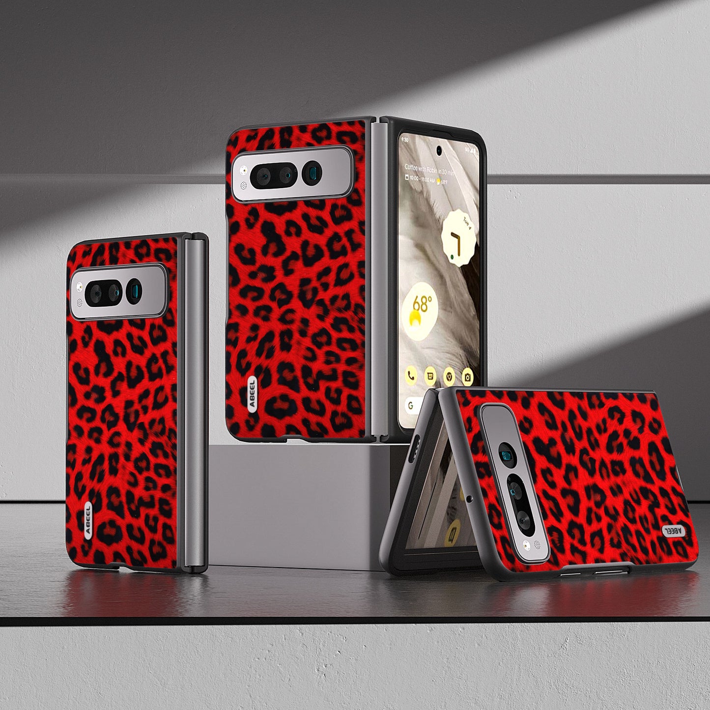Uniqkart for Google Pixel Fold Anti-Scratch Cover Leopard Pattern PU Leather+PC Phone Case - Red