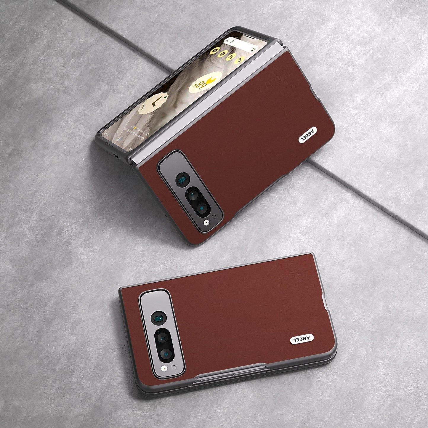 Uniqkart for Google Pixel Fold Cowhide Leather+PC Phone Case Anti-Fall  Protective Cover - Coffee