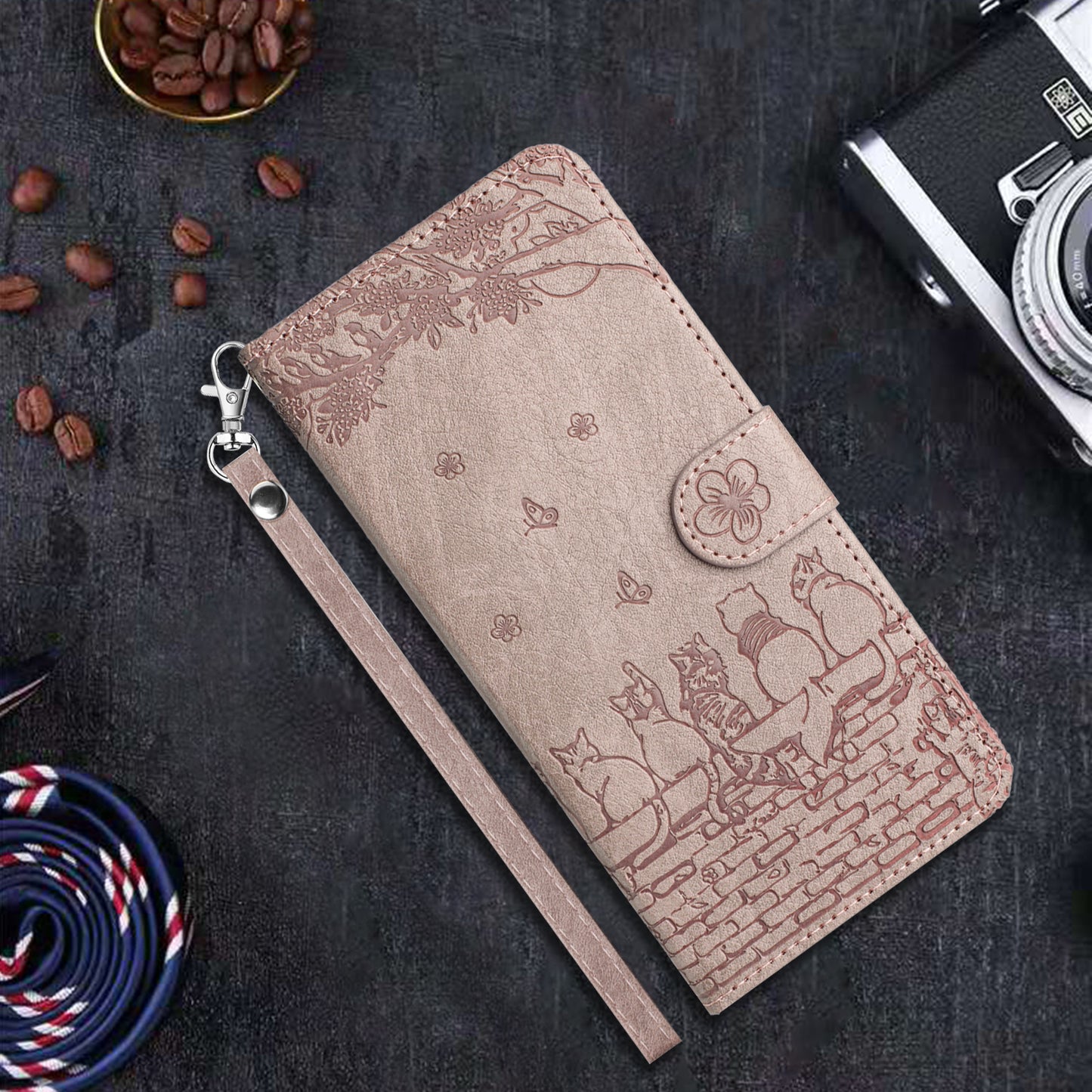 Uniqkart for Xiaomi Poco F5 Pro 5G / Redmi K60 5G / K60 Pro 5G Wallet Leather Phone Case Wall Cats Imprinted Stand Cover with Strap - Smoky Purple