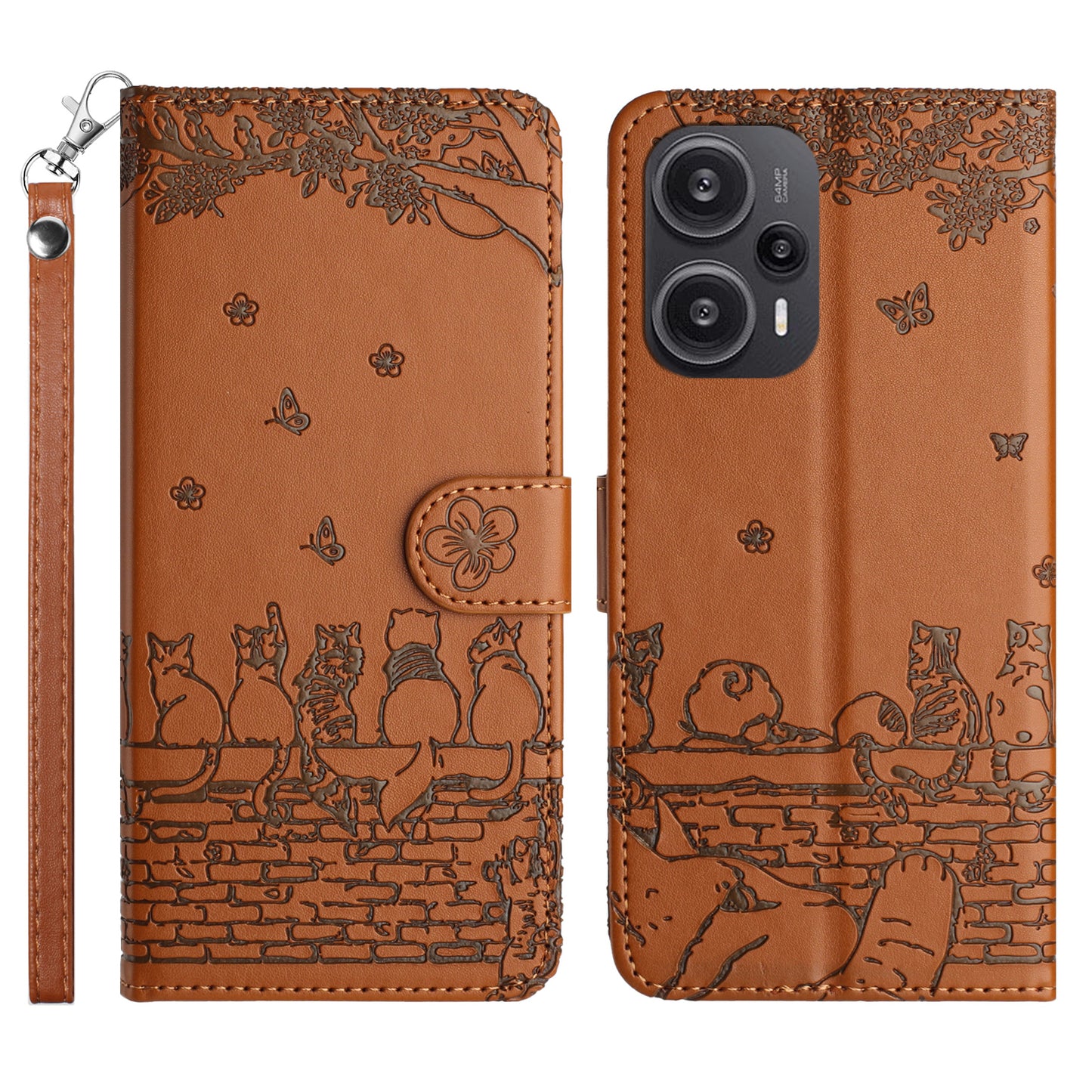 Uniqkart for Xiaomi Poco F5 5G / Redmi Note 12 Turbo Phone Wallet Case PU Leather Wall Cats Imprinted Stand Cover with Strap - Brown
