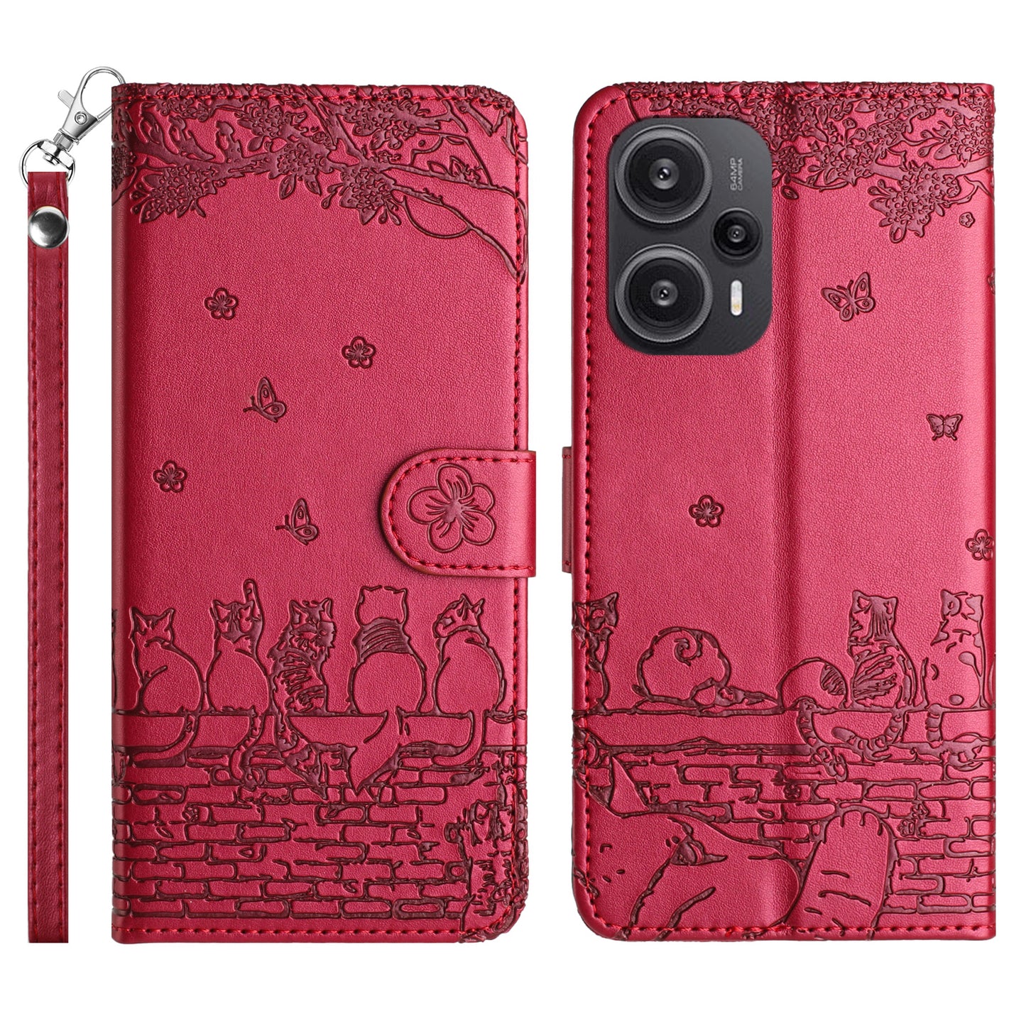 Uniqkart for Xiaomi Poco F5 5G / Redmi Note 12 Turbo Phone Wallet Case PU Leather Wall Cats Imprinted Stand Cover with Strap - Red