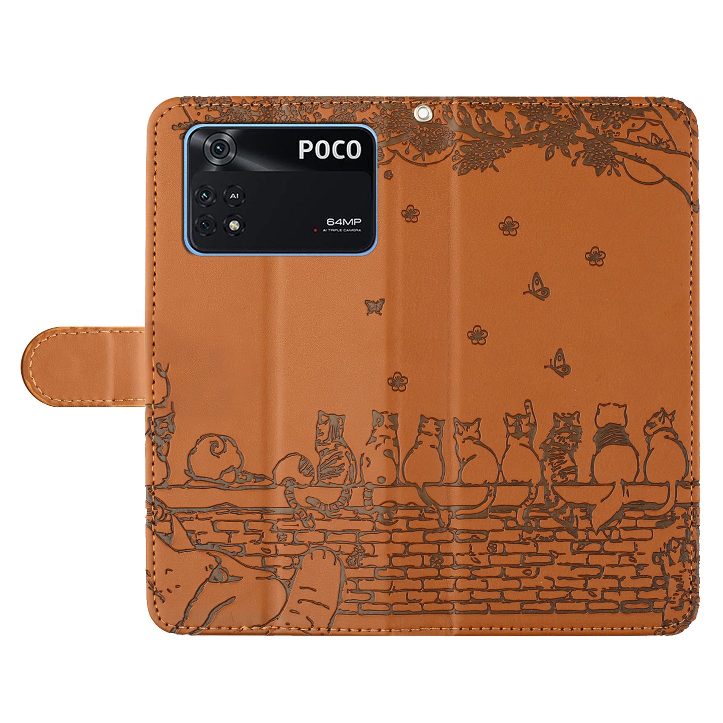 Wall Cats Imprinted Phone Case for Xiaomi Poco M4 Pro 4G , Stand PU Leather Wallet Cover with Strap - Brown