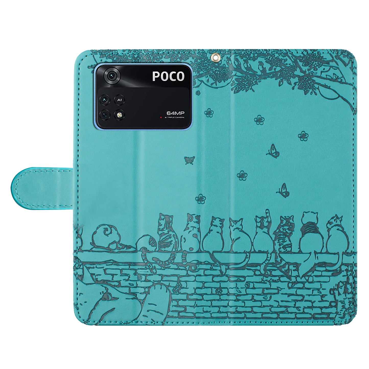 Wall Cats Imprinted Phone Case for Xiaomi Poco M4 Pro 4G , Stand PU Leather Wallet Cover with Strap - Blue