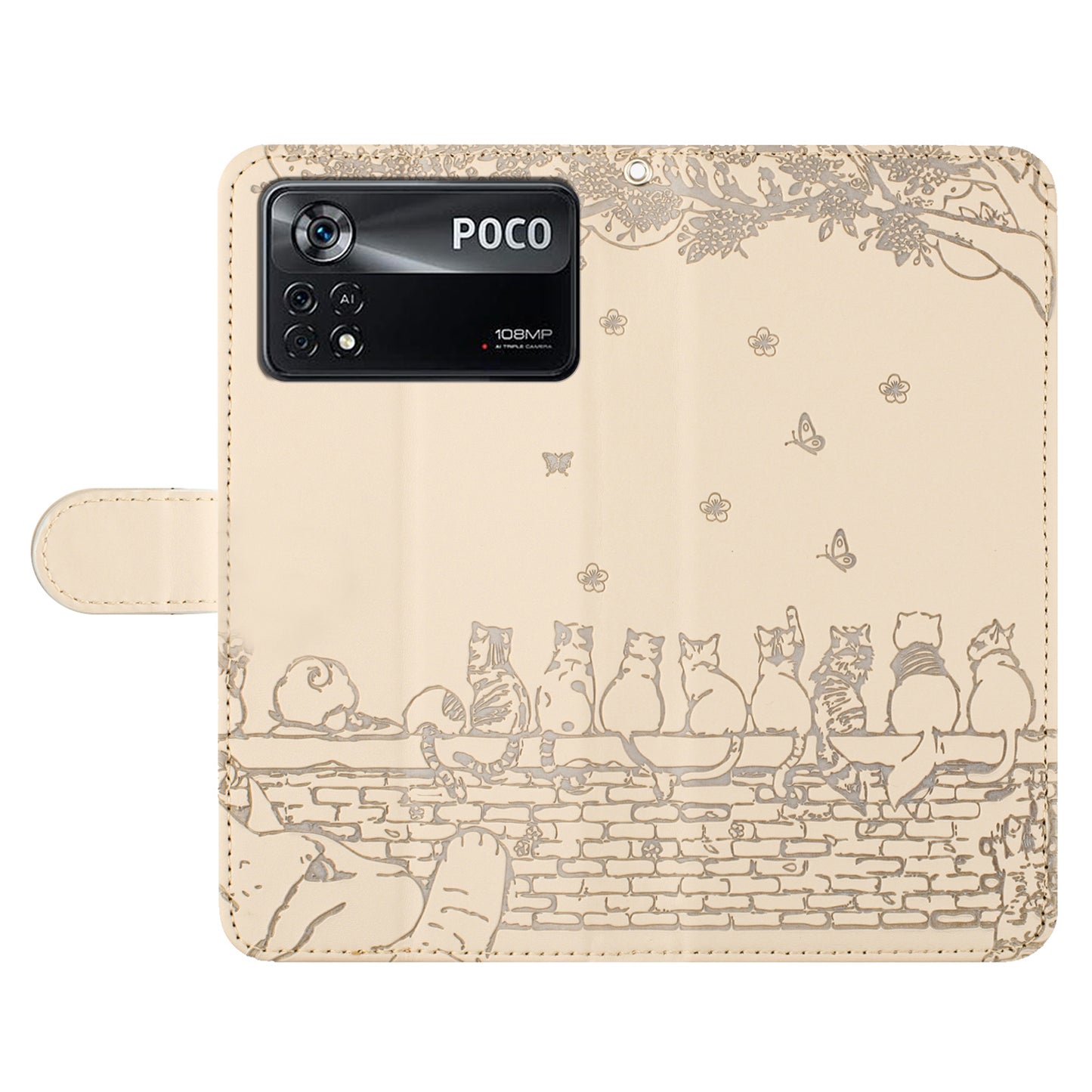 Uniqkart for Xiaomi Poco X4 Pro 5G PU Leather Phone Case Wall Cats Imprinted Stand Wallet Phone Cover with Strap - Apricot