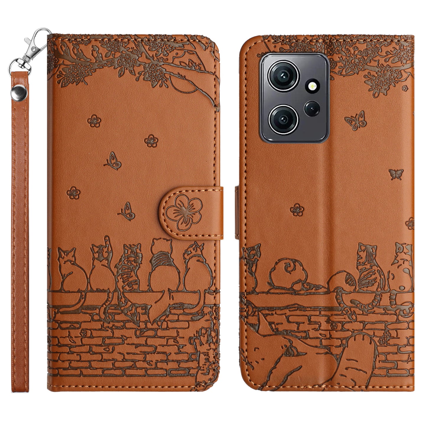 Uniqkart for Xiaomi Redmi Note 12 4G Stand Wallet Case Wall Cats Imprinted PU Leather Phone Cover with Strap - Brown