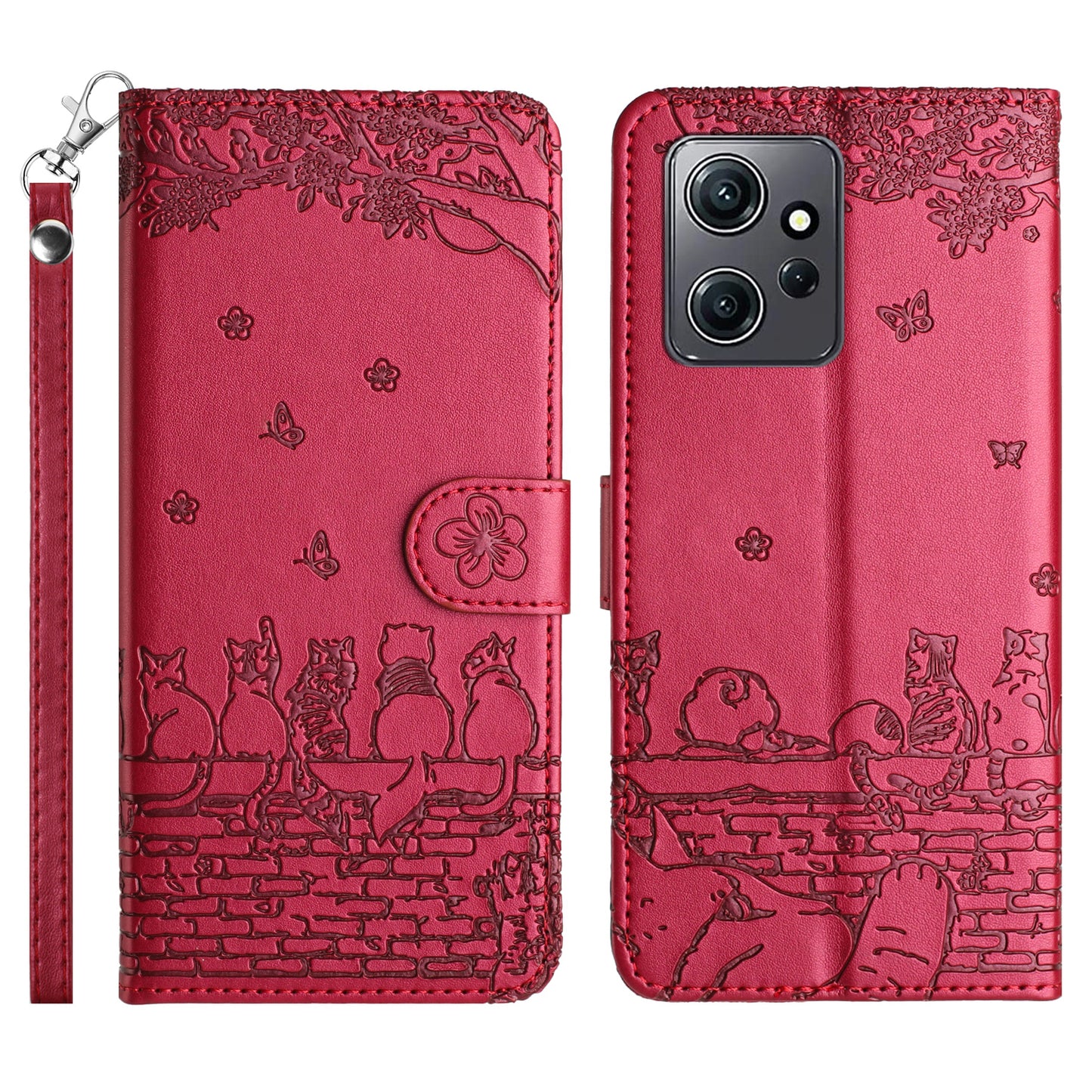 Uniqkart for Xiaomi Redmi Note 12 4G Stand Wallet Case Wall Cats Imprinted PU Leather Phone Cover with Strap - Red
