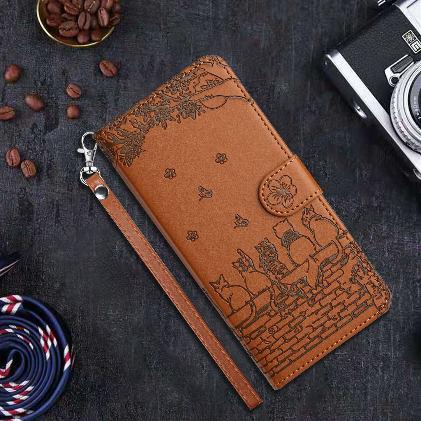 Wall Cats Imprinted PU Leather Case for iPhone 15 Pro , Stand Wallet Phone Cover with Strap - Brown